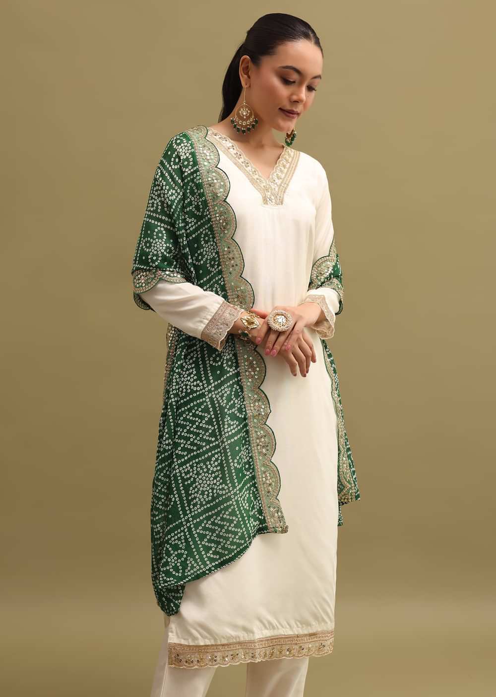 Off White And Green Cotton Silk Kurta Set With Dupatta
