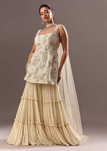 Off White Embroidered Kurta Sharara With Choker Dupatta