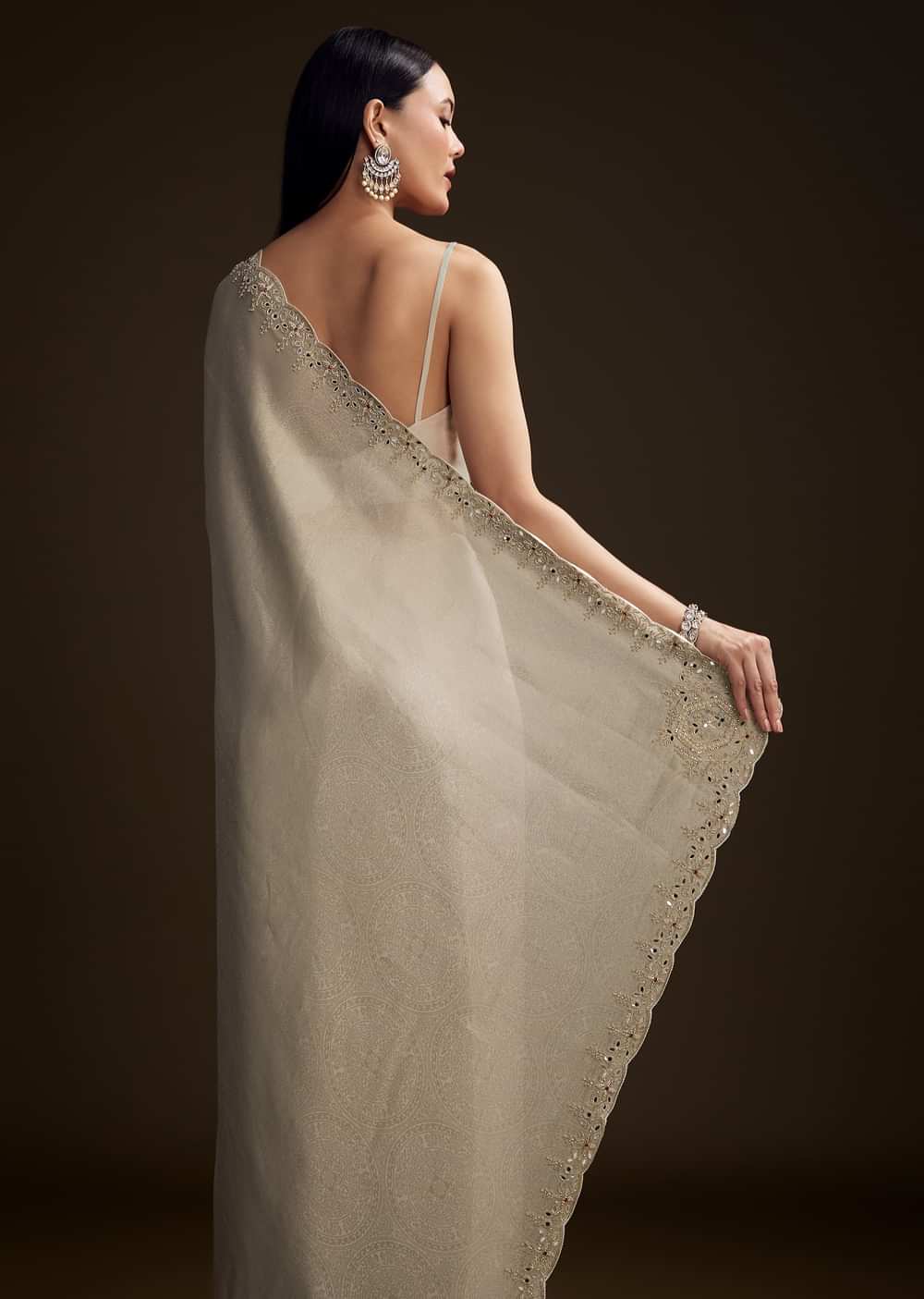 Off White Jacquard Saree With Zardosi And Stone Embroidery