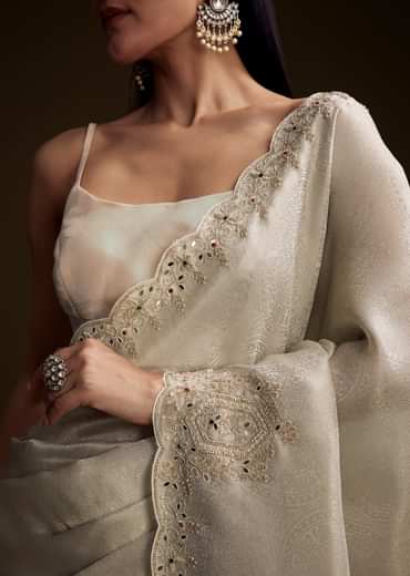 Off White Jacquard Saree With Zardosi And Stone Embroidery