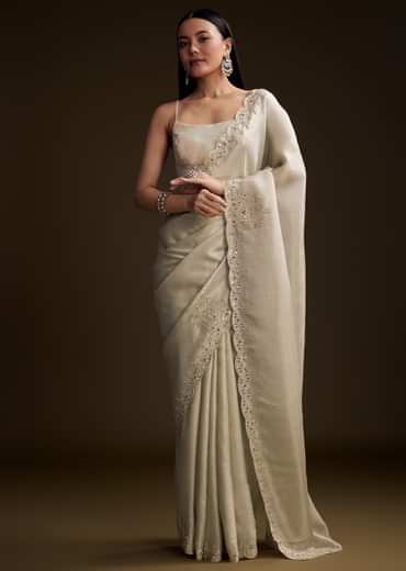 Off White Jacquard Saree With Zardosi And Stone Embroidery