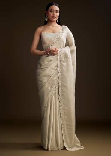 Off White Jacquard Saree With Zardosi And Stone Embroidery