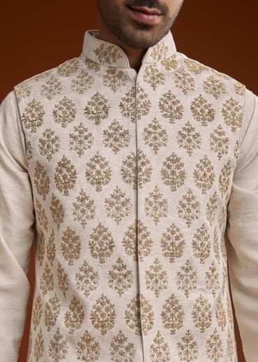 Off White Linen Silk Kurta Jacket Set With Zari Work For Men