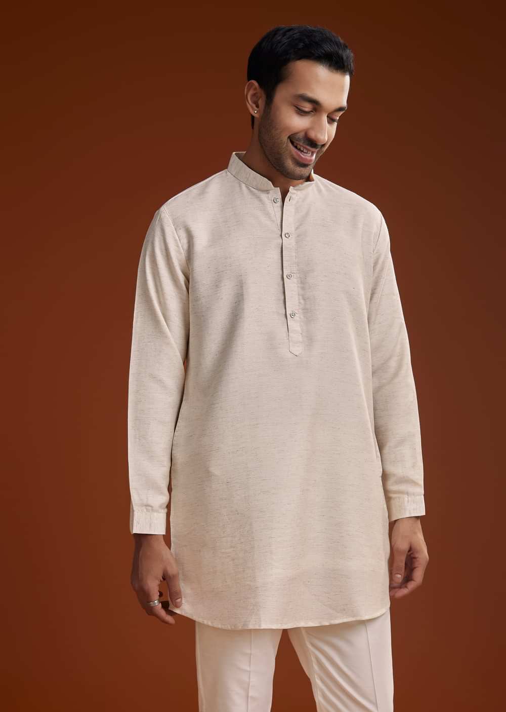 Off White Linen Silk Kurta Jacket Set With Zari Work For Men