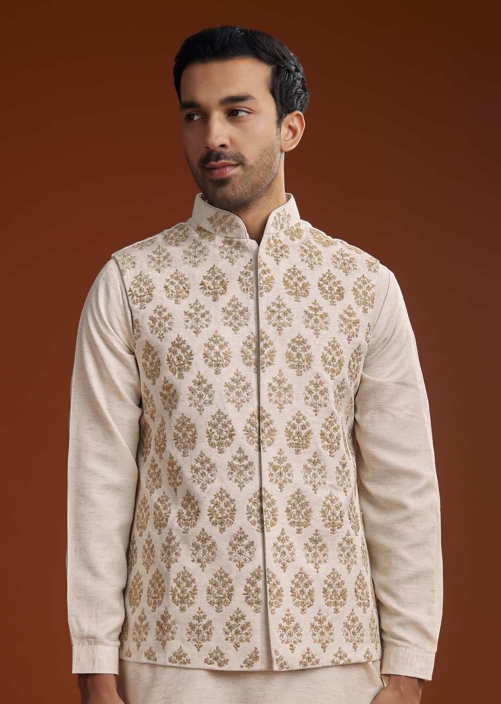Off White Linen Silk Kurta Jacket Set With Zari Work For Men