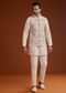 Off White Linen Silk Kurta Jacket Set With Zari Work For Men