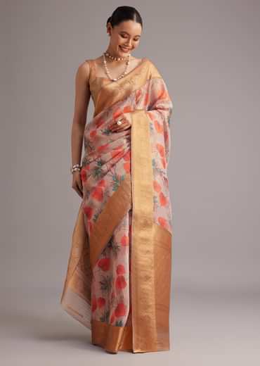 Onion Pink Tissue Silk Printed Saree With Zari Woven Contrast Border And Pallu