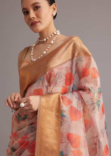 Onion Pink Tissue Silk Printed Saree With Zari Woven Contrast Border And Pallu