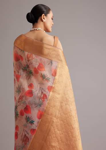 Onion Pink Tissue Silk Printed Saree With Zari Woven Contrast Border And Pallu