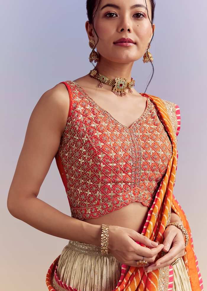 Orange Brocade Silk Bridesmaid Lehenga With Leheriya Dupatta
