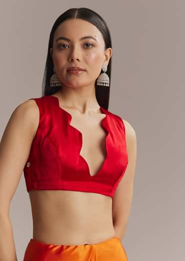 Orange And Red Chinon Saree With Sequin And Bead Embroidery