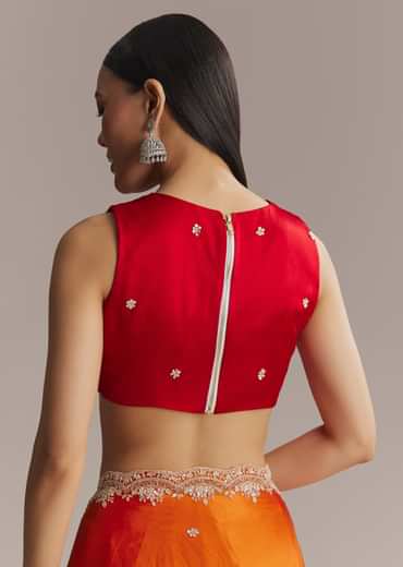 Orange And Red Chinon Saree With Sequin And Bead Embroidery