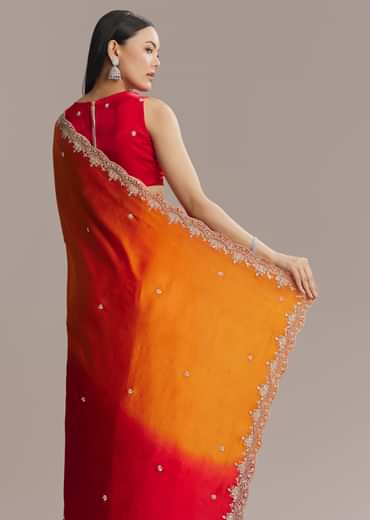 Orange And Red Chinon Saree With Sequin And Bead Embroidery