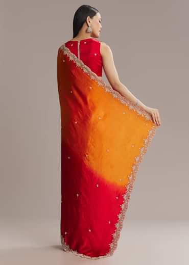 Orange And Red Chinon Saree With Sequin And Bead Embroidery