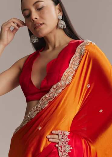 Orange And Red Chinon Saree With Sequin And Bead Embroidery