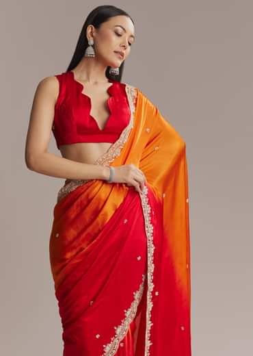 Orange And Red Chinon Saree With Sequin And Bead Embroidery