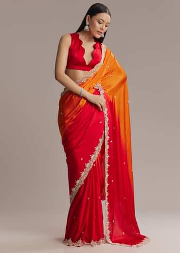 Orange And Red Chinon Saree With Sequin And Bead Embroidery
