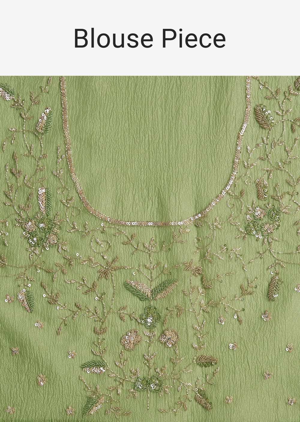 Parrot Green Crushed Tissue Saree With Sequins And Scallop Border