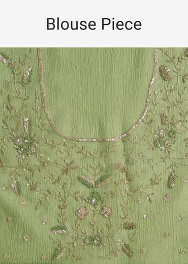 Parrot Green Crushed Tissue Saree With Sequins And Scallop Border