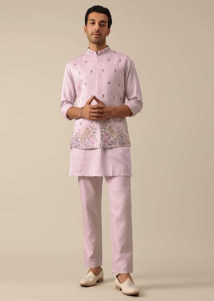 Pink Jacket And Kurta Set With Floral Motif Thread Work