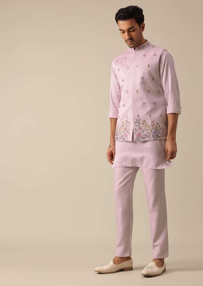 Pink Jacket And Kurta Set With Floral Motif Thread Work
