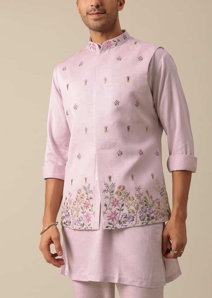 Pink Jacket And Kurta Set With Floral Motif Thread Work
