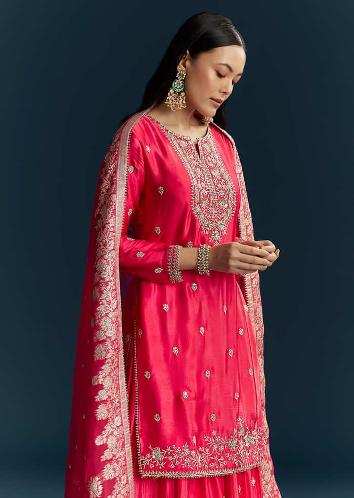 Pink Zari Palazzo Suit Set With Dupatta