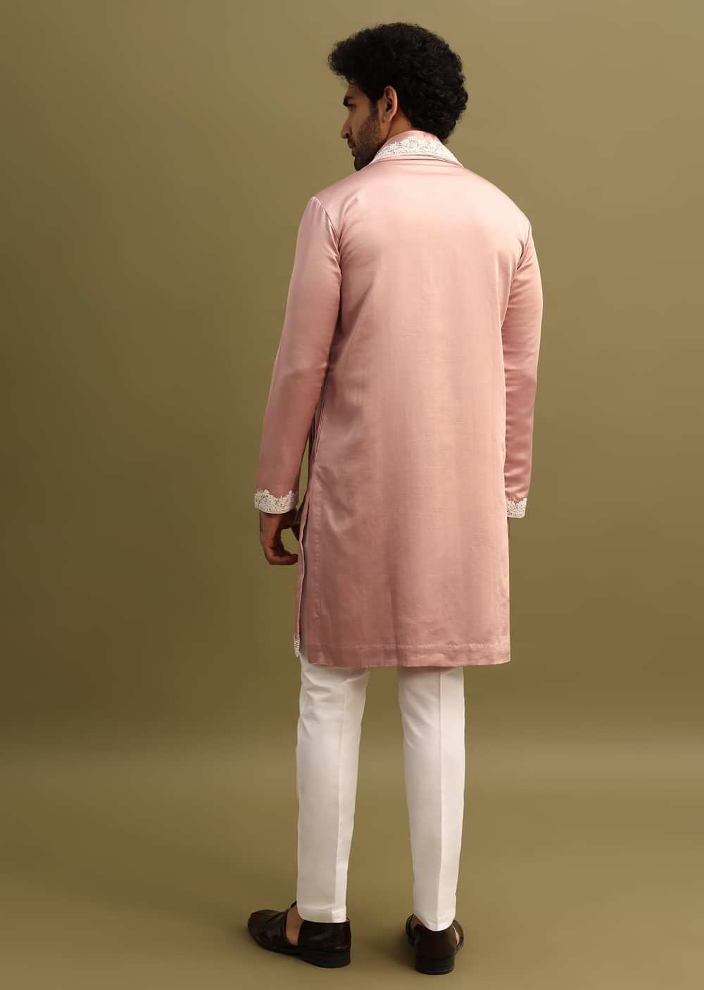 Pink Embroidered Kurta With Dupatta Set For Men