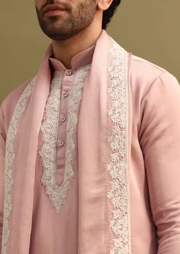 Pink Embroidered Kurta With Dupatta Set For Men