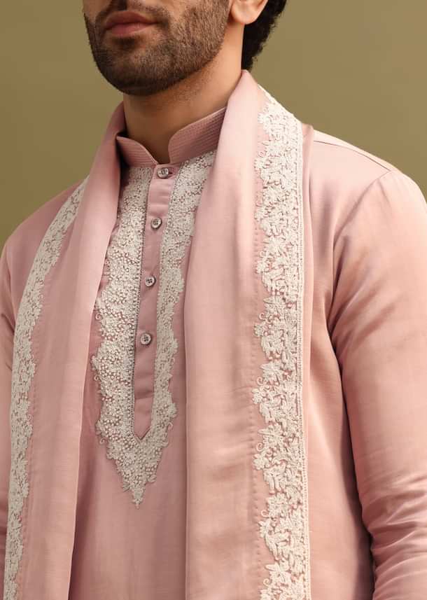 Pink Embroidered Kurta With Dupatta Set For Men Pink Embroidered Kurta With Dupatta Set For Men