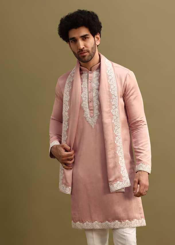Pink Embroidered Kurta With Dupatta Set For Men Pink Embroidered Kurta With Dupatta Set For Men