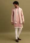 Pink Embroidered Kurta With Dupatta Set For Men