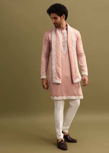 Pink Embroidered Kurta With Dupatta Set For Men