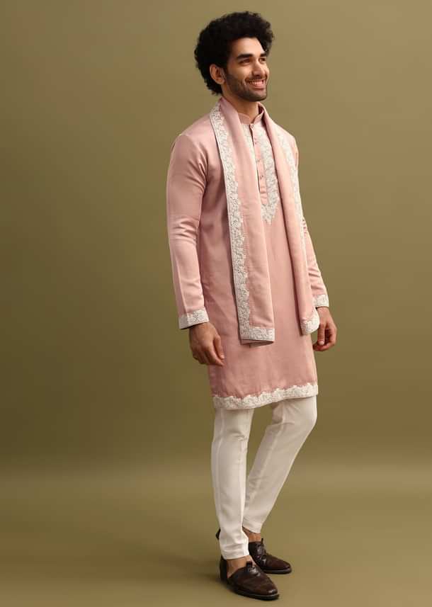 Pink Embroidered Kurta With Dupatta Set For Men Pink Embroidered Kurta With Dupatta Set For Men
