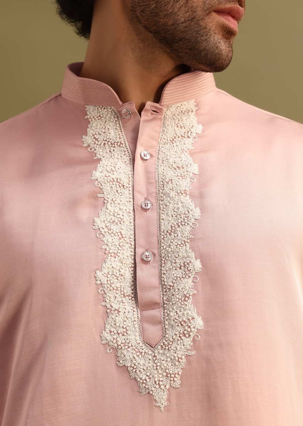 Pink Embroidered Kurta With Dupatta Set For Men