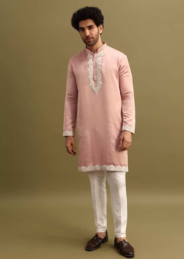 Pink Embroidered Kurta With Dupatta Set For Men Pink Embroidered Kurta With Dupatta Set For Men