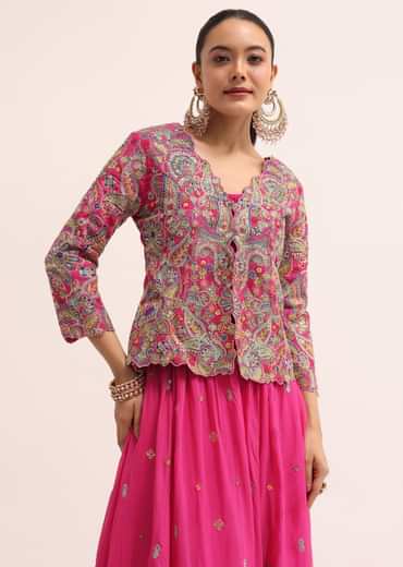 Pink Embroidered Lehenga Set With Jacket