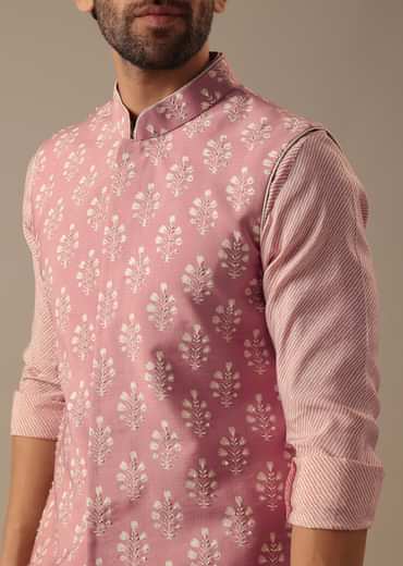 Pink Floral Bundi & Striped Kurta Set