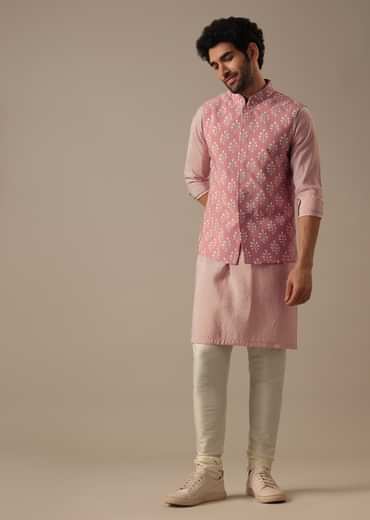 Pink Floral Bundi & Striped Kurta Set