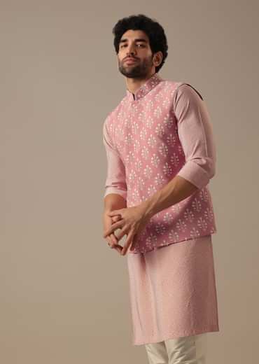 Pink Floral Bundi & Striped Kurta Set