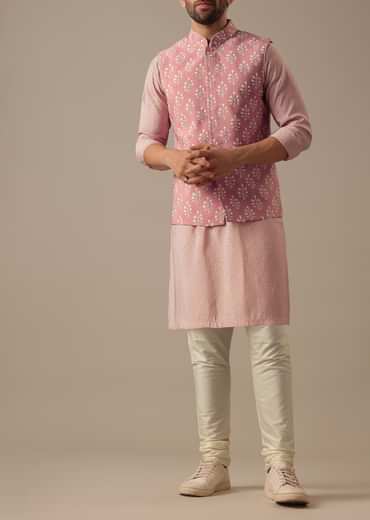 Pink Floral Bundi & Striped Kurta Set