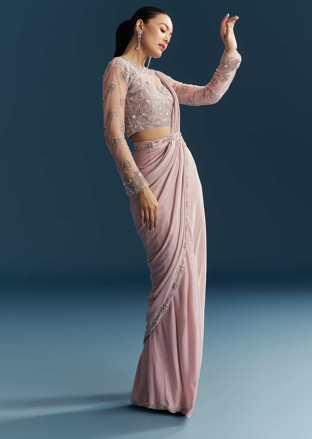 Pink Ready Pleated Saree With Beads And Moti Work