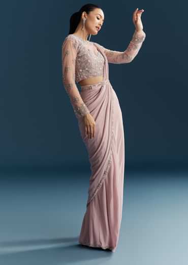 Pink Ready Pleated Saree With Beads And Moti Work