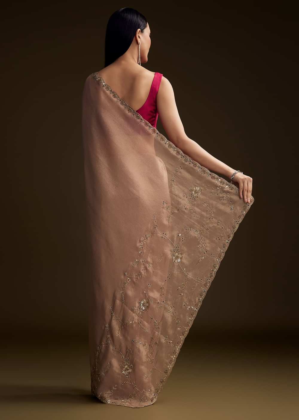 Pink Tissue Saree With Cutdana And Mirror Embroidery