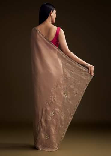 Pink Tissue Saree With Cutdana And Mirror Embroidery