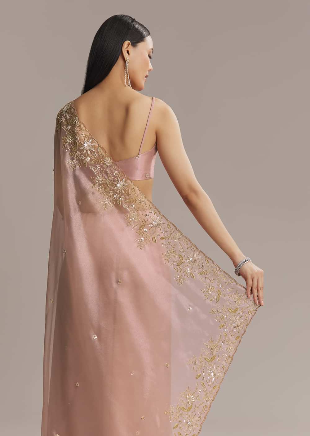 Pink Tissue Saree With Golden Sequin Embroidery