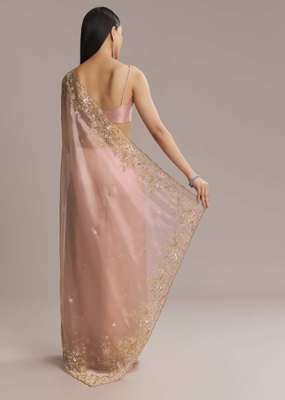 Pink Tissue Saree With Golden Sequin Embroidery