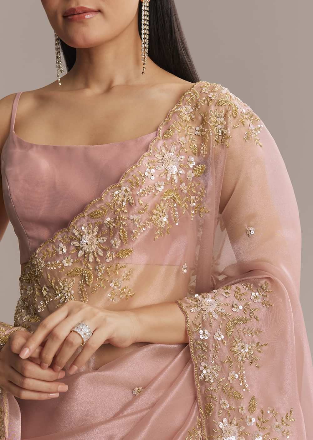 Pink Tissue Saree With Golden Sequin Embroidery
