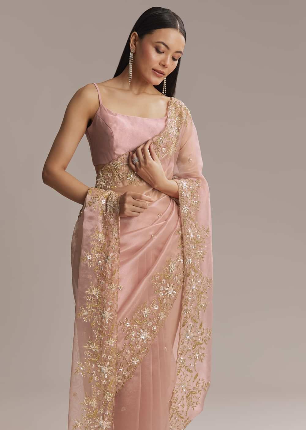 Pink Tissue Saree With Golden Sequin Embroidery