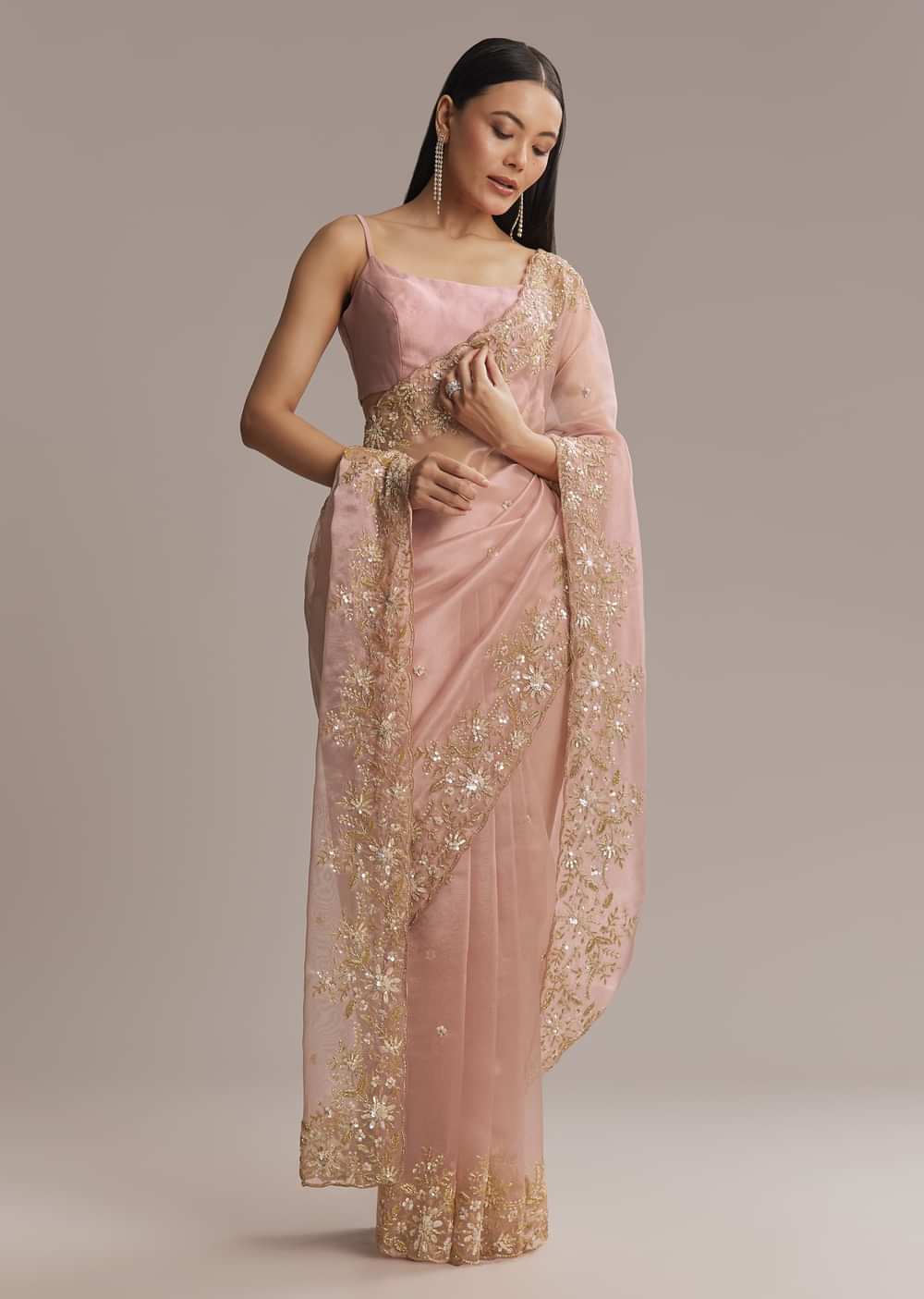 Pink Tissue Saree With Golden Sequin Embroidery